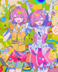  2girls :d ^_^ absurdres arms_up bare_shoulders bow closed_eyes collared_shirt commentary_request cowboy_shot crossover detached_sleeves dress facing_viewer fingerless_gloves frilled_skirt frilled_sleeves frills gloves hair_bow hand_up heart highres kamen_rider kamen_rider_ex-aid_(series) look-alike multiple_girls musical_note necktie ootori_emu open_mouth orange_gloves orange_necktie outstretched_arm pink_dress pink_hair pink_skirt poppi_pipopapo project_sekai puffy_short_sleeves puffy_sleeves red_sleeves serien shirt short_hair short_sleeves skirt smile sparkle spoken_musical_note strapless strapless_dress wing_collar yellow_necktie yellow_shirt 