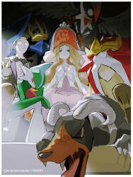  1boy 1girl battle_castle_(pokemon) blonde_hair border bow caitlin_(pokemon) closed_mouth commentary darach_(pokemon) dress empoleon entei from_below gallade glasses gloves grey_eyes hair_ornament highres holding holding_pocket_watch houndoom jacket long_hair mayotsunamayo outside_border parted_bangs pink_dress pocket_watch pokemon pokemon_diamond/pearl/platinum pokemon_platinum sitting sparkle staraptor throne twitter_username watch white_border white_bow white_gloves white_jacket 