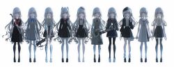  6+girls absurdres alternate_costume barefoot black_hoodie black_necktie black_serafuku black_shirt black_skirt black_thighhighs blood blood_on_clothes blood_splatter chainsaw collared_shirt commentary_request crossbow expressionless grey_eyes hair_over_one_eye hat heterochromia highres holding holding_chainsaw holding_crossbow holding_lead_pipe holding_rope holding_scissors holding_shovel holding_syringe holding_weapon hood hood_up hoodie ima_sugu_rinne_(vocaloid) isekaijoucho isekaijoucho_(artist) kama_(weapon) kamitsubaki_studio kneehighs lead_pipe lineup loafers long_hair looking_at_viewer loose_socks multicolored_hair multiple_girls multiple_persona nata_(tool) neck_ribbon neckerchief necktie noose pleated_skirt red_eyes red_neckerchief ribbon rope sailor_hat school_uniform scissors serafuku shirt shoes short_hair shovel sickle simple_background skirt sleeveless sleeveless_shirt socks streaked_hair suspender_skirt suspenders syringe thigh-highs tilted_headwear two-handed weapon white_background white_hair white_shirt 