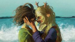  1girl 1other animal_ears antlers artist_name beach blonde_hair brown_hair celstetik closed_eyes commentary deer_antlers deer_ears deer_girl deltarune english_commentary forehead-to-forehead furry furry_female hands_on_another's_face heads_together horns kris_(deltarune) noelle_holiday other_with_female photo-referenced smile utdr_(toby_fox) water 