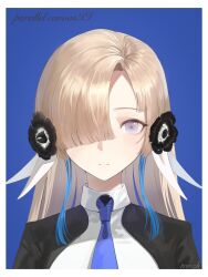  1girl absurdres artist_name black_flower black_jacket blue_background blue_hair blue_necktie border commentary_request flower grey_hair hair_flower hair_ornament hair_over_one_eye highres isekaijoucho jacket kamitsubaki_studio long_hair multicolored_hair necktie portrait simple_background solo trrzh two-tone_hair virtual_youtuber white_border white_jacket 