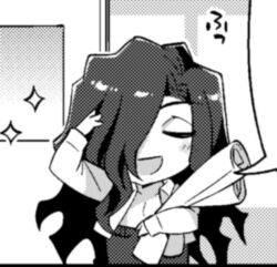 1boy chibi chibi_only closed_eyes collared_shirt commentary_request cropped hair_over_one_eye hanabana_tsubomi holding holding_paper long_hair male_focus michael_roa_valdamjong official_art open_clothes open_shirt pants paper pectorals rolled-up_paper shirt smile solo sparkle tsukihime type-moon_gakuen_chibichuki! wavy_hair wavy_sidelocks wing_collar 