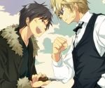  blonde_hair bowtie durarara!! ekoo heiwajima_shizuo jacket knife male orihara_izaya sunglasses veins vest weapon 