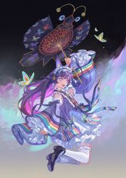  1girl animal_ears ao_nhat_binh blue_eyes blue_ribbon bug butterfly commentary detached_sleeves fake_animal_ears flying frilled_headwear frilled_skirt frilled_sleeves frilled_thighhighs frills highres long_hair ly_hao_nguyen mixed-language_commentary original patterned_clothing ribbon shoes skirt smile thigh-highs umbrella untranslatable_commentary viet_lolita vietnamese_clothes violet_eyes white_thighhighs 