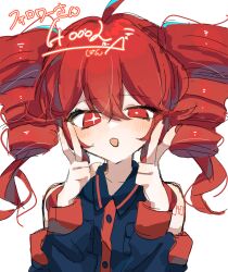  1girl :d absurdres ahoge bare_shoulders blue_shirt blue_sleeves blush collared_shirt commentary_request detached_sleeves double-parted_bangs double_v drill_hair hair_between_eyes hands_up highres kasane_teto kasane_teto_(utau) long_sleeves looking_at_viewer nail_polish number_tattoo open_mouth pon_(4bgp4r1ajk45185) red_eyes red_hair red_nails shirt short_hair shoulder_tattoo simple_background sleeveless sleeveless_shirt smile solo tattoo twin_drills upper_body utau v white_background 