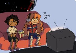  2026_fifa_world_cup 3boys 4girls araya_(project_moon) commentary dark-skinned_female dark-skinned_male dark_skin e.g.o_(project_moon) english_commentary faust_(project_moon) food freckles gregor_(project_moon) heathcliff_(project_moon) ishmael_(project_moon) limbus_company long_hair multiple_boys multiple_girls nervous_sweating norwegian_flag_print orange_hair outis_(project_moon) popcorn project_moon real_life ryoshu_(project_moon) scar short_hair sweat sword television ultranecrozma13 weapon world_cup 