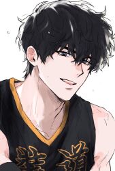  basketball_jersey basketball_uniform black_hair black_tank_top blue_eyes choi_jongsu garbage_time looking_at_viewer lower_eyelashes_only male_focus messy_hair muscular muscular_male open_mouth orange_trim portrait short_hair simple_background solo sportswear sweat tank_top teeth ununtied upper_body white_background 