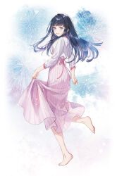  1girl :d aerial_fireworks barefoot black_hair blue_eyes fireworks from_side full_body fuyutsuki_koharu high-waist_skirt highres holding_own_skirt long_sleeves looking_at_viewer looking_to_the_side pink_skirt puffy_long_sleeves puffy_sleeves shirt skirt smile solo standing standing_on_one_leg toumei_na_yoru_ni_kakeru_kimi_to_me_ni_mienai_koi_wo_shita weee_(raemz) white_shirt 