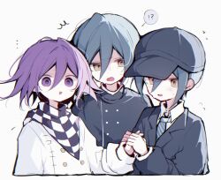  !? 3boys ^^^ black_hat black_jacket black_scarf blue_hair blue_necktie buttons checkered_clothes checkered_scarf chromatic_aberration collared_shirt commentary_request danganronpa_(series) danganronpa_v3:_killing_harmony diagonal-striped_clothes diagonal-striped_necktie double-parted_bangs dual_persona flying_sweatdrops hat holding_hands jacket lapels long_bangs male_focus multiple_boys necktie notched_lapels oma_kokichi open_mouth purple_hair saihara_shuichi scarf shirt short_hair simple_background smile spoken_interrobang striped_clothes striped_necktie suisei_(su_rkgk) sweat two-tone_scarf violet_eyes white_background white_jacket white_scarf white_shirt yellow_eyes 