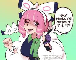  1girl bow bracelet breasts collared_shirt commentary drill_hair drill_sidelocks dynamax_band english_commentary english_text eyeshadow flipped_hair fur_jacket hair_bow hairband highres jacket jewelry klara_(pokemon) lipstick magicalgirlcarl makeup medium_breasts mole mole_under_mouth one_eye_closed pink_eyeshadow pink_hair pink_lips pokemon pokemon_sword_and_shield print_shirt shirt short_hair sidelocks smile solo two-tone_shirt upper_body violet_eyes white_bow white_hairband 