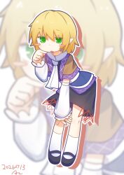  1girl arm_warmers azp_29 black_shoes black_skirt blonde_hair blush_stickers brown_shirt chinese_commentary commentary_request dated full_body green_eyes highres leaning_forward looking_at_viewer mary_janes medium_hair mizuhashi_parsee open_mouth pointy_ears scarf shirt shoes signature skirt socks solo touhou white_arm_warmers white_scarf white_socks zoom_layer 