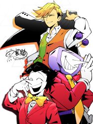  3boys absurdres ant_tenna belt belt_buckle black_jacket black_pants blonde_hair bow bowtie buckle closed_eyes collared_shirt colored_skin commentary_request crt deltarune drop_shadow flowery_(deltarune) gloves hand_on_own_hip hand_up highres holding holding_unworn_clothes holding_unworn_jacket jacket kuromituka_2 long_nose male_focus multiple_boys necktie object_head pants pointy_nose purple_belt radio_antenna red_jacket shirt short_hair signature smile spamton_g._spamton spamton_g._spamton_(big_shot) twitter_username two-tone_vest unworn_jacket utdr_(toby_fox) white_background white_gloves white_shirt white_skin yellow_bow yellow_bowtie yellow_necktie 