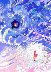  1girl abstract absurdres colorful commentary dress hato_(n_hat_mu) highres ligne_claire original pink_dress scenery short_hair skirt sky solo standing wide_shot 