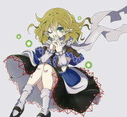  1girl absurdres black_shoes black_skirt blonde_hair brown_shirt commentary_request fingernails floating_hair full_body green_eyes green_nails grey_background grey_scarf grey_socks highres looking_at_viewer mary_janes medium_hair mizuhashi_parsee na_cat1111 one_eye_closed own_hands_together parsee_day pointy_ears scarf shirt shoes simple_background skirt socks solo steepled_fingers touhou 
