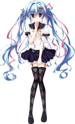  1girl aqua_hair bow buttons collarbone dot_nose double-breasted floating_hair full_body game_asset gartered_thighhighs hair_ornament hair_ribbon loafers long_hair luluna magical_marriage_lunatics!! non-web_source official_art plaid_clothes plaid_sailor_collar plaid_skirt ribbon sailor_collar sakurasaka_tsuchiyu shirt shoes short_sleeves simple_background skirt skull striped_clothes tachi-e transparent_background twintails two-tone_shirt violet_eyes white_shirt 
