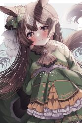  1girl animal_ears blush braid breasts brown_eyes brown_hair closed_mouth commentary_request dress ear_ornament ear_ribbon frilled_sleeves frills green_dress green_skirt hair_ornament half_updo highres horse_ears horse_girl horse_tail k0bo43 long_hair long_sleeves looking_at_viewer satono_diamond_(umamusume) skirt sleeves_past_fingers sleeves_past_wrists smile solo tail umamusume very_long_hair 