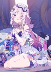  1girl :3 blue_eyes blush citlali_(genshin_impact) citlali_(whispers_of_stars_and_smoke)_(genshin_impact) citlalin_(genshin_impact) collar commentary_request detached_sleeves facial_mark from_side full_body genshin_impact highres holding indoors kamuraaa_615 licking_lips long_hair looking_at_viewer mask mask_on_head nightgown official_alternate_costume one_eye_closed pink_hair pink_pupils sidelocks sitting sleep_mask sleepwear solo tongue tongue_out triangle triangle_facial_mark wariza white_collar white_nightgown white_sleeves wrist_cuffs 