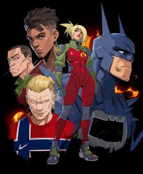  1girl 2026_fifa_world_cup absolute_batman absolute_dc back_spikes bat_mask batman batman_(absolute_dc) batman_symbol blonde_hair bodysuit collared_jumpsuit dark-skinned_male dark_skin dc_comics erling_haaland green_track_suit grey_bodysuit hicham_habchi highres jumpsuit multicolored_jumpsuit multicolored_suit multiple_boys ponytail stephanie_brown stephanie_brown_(absolute_dc) superhero_costume taut_bodysuit taut_clothes track_suit two-tone_suit world_cup 
