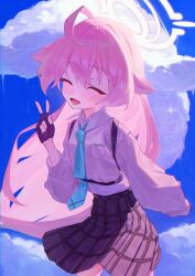  1girl absurdres ahoge aqua_necktie black_gloves blue_archive blue_sky closed_eyes clouds collared_shirt commentary_request fingerless_gloves gloves halo heterochromia highres hoshino_(blue_archive) long_hair long_sleeves necktie open_mouth pink_hair pink_halo plaid_clothes plaid_skirt pleated_skirt school_uniform shirt skirt sky solo white_shirt yu717_0 