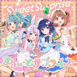  4girls absurdres album_cover animal_ear_hairband animal_ears apron ascot blonde_streaks blue_dress blue_eyes blue_gloves blue_hair blue_nails blue_necktie blue_ribbon blue_wrist_cuffs border bow brown_hair cake character_name closed_mouth clothing_cutout collared_dress commentary_request copyright_name copyright_notice cover cup dress earrings elbow_gloves fake_animal_ears fang fingerless_gloves food gem gloves gradient_hair hair_bow hair_intakes hair_ornament hairband hairclip heart heart_earrings high_ponytail highres holding holding_tray ice_cream jewelry long_hair looking_at_viewer maid_apron maid_headdress melon_soda multicolored_hair multiple_girls nail_polish neck_ribbon necktie official_alternate_costume official_art open_mouth pink_background pink_dress ponytail purple_hair purple_streaks rabbit_ear_hairband rabbit_ears reaching reaching_towards_viewer red_eyes red_gem ribbon second-party_source sendo_yuuhi shiranami_ramune short_hair short_sleeves shoulder_cutout smile song_name streaked_hair sundae tokira_nozumi tosaki_mimi tray tsumugi_kokage twintails very_long_hair virtual_youtuber vspo! white_bow white_streaks wrist_cuffs yellow_hairband yellow_necktie 