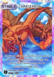  artist_name blue_eyes blue_sky card_(medium) character_name charburst charizard claws clouds day dragon dragon_wings english_text fangs fire flame-tipped_tail flying in-universe_location no_humans nostrils open_mouth outdoors pokedex_number pokemon pokemon_(anime) pokemon_(classic_anime) pokemon_(creature) pokemon_card pokemon_focus pokemon_tcg sky smile tail tongue wings 
