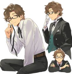  1boy bangs_pinned_back belt between_legs black-framed_eyewear black_jacket black_pants black_ribbon brown_belt brown_eyes brown_hair closed_mouth commentary_request crossed_arms dress_shirt formal_clothes glasses gloves green_vest hand_between_own_legs hiraga_keisuke holding holding_ribbon invisible_chair isa_(peien516) jacket looking_at_viewer male_focus multiple_views neck_ribbon pants persona persona_3 rectangular_eyewear ribbon shirt shirt_tucked_in short_hair simple_background sitting smile suit_jacket suit_pants vest white_background white_gloves white_shirt 