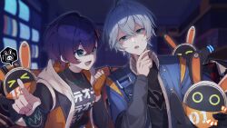  1boy 1girl aqua_eyes belle_(zenless_zone_zero) black_jacket black_shirt blue_hair blue_jacket breasts commentary_request eous_(zenless_zone_zero) green_eyes grey_hair hair_between_eyes hair_ornament highres jacket jewelry letter_hair_ornament medium_breasts necklace open_mouth shirase_(shirose) shirt short_hair smile wise_(zenless_zone_zero) zenless_zone_zero 