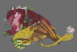  3others ananas_dragon_cookie closed_eyes closed_mouth cookie_run cookie_run:_ovenbreak dragon dragon_boy dragon_horns dragon_tail dragon_wings english_commentary grey_background highres horns looking_at_another multiple_others nose_bubble oranxii2 pitaya_dragon_cookie sleeping snapdragon_cookie tail wings 