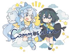  2girls ascot black_coat black_gloves black_hair black_hat black_shoes black_skirt blue_eyes blue_hair blue_hat blue_jacket blue_shirt blue_socks blue_streaks blush_stickers clouds coat double-parted_bangs gloves green_streaks hair_between_eyes hair_ornament hat highres holding_hands jacket leaf_hair_ornament long_hair long_sleeves multicolored_hair multicolored_socks multiple_girls nashi_jiu notice_lines open_clothes open_coat open_jacket original outstretched_arm shirt shoes short_hair short_sleeves single_blush_sticker skirt sleeves_past_fingers sleeves_past_wrists socks star_(symbol) streaked_hair twintails two-tone_hair white_hair white_socks yellow_ascot yellow_socks 
