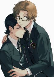  2boys black-framed_eyewear black_eyes black_hair black_jacket black_ribbon brown_eyes brown_hair comforting commentary_request dress_shirt gekkoukan_high_school_uniform glasses hair_slicked_back hiraga_keisuke hug isa_(peien516) jacket looking_at_viewer male_focus multiple_boys neck_ribbon odagiri_hidetoshi persona persona_3 rectangular_eyewear ribbon school_uniform semi-rimless_eyewear shirt short_hair sideburns simple_background under-rim_eyewear white_background white_shirt 