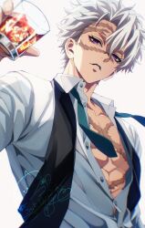  1boy absurdres alternate_costume black_vest buttons closed_mouth commentary_request cup dated dress_shirt highres holding holding_cup kimetsu_no_yaiba looking_at_viewer male_focus may_(illust_man_2020) multiple_scars necktie parted_lips partially_unbuttoned pectorals scar scar_on_face shinazugawa_sanemi shirt short_hair simple_background solo teeth undone_necktie upper_body vest violet_eyes watermark white_background white_hair white_shirt 