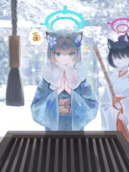  2girls absurdres animal_ear_fluff animal_ears black_hair blue_archive blue_eyes blue_flower blue_halo blue_kimono blush cat_ears cat_girl closed_mouth commentary cross_hair_ornament floral_print floral_print_kimono flower fur-trimmed_kimono fur_trim grey_hair hair_flower hair_ornament hakama hakama_skirt halo highres japanese_clothes kimono multiple_girls obi orange_sash outdoors own_hands_together pink_halo ponytail print_kimono red_eyes red_skirt sash serika_(blue_archive) serika_(swimsuit)_(blue_archive) shiroko_(blue_archive) short_hair skirt snow topgu untranslatable_commentary white_flower white_kimono wolf_ears wolf_girl 