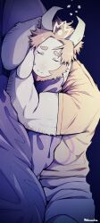  1boy absurdres asgore_dreemurr asgore_dreemurr_(dark_world) blonde_hair closed_eyes closed_mouth crown deltarune english_commentary floppy_ears furry furry_male goat_horns highres horns lying nebanaka_(m40qf) official_art on_bed shirt sleeping tears utdr_(toby_fox) white_fur yellow_shirt 