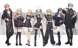  3boys 4girls animal_ear_hairband animal_ears aoyagi_touya azusawa_kohane belt belt_buckle belt_collar black_belt black_boots black_cape black_gloves black_hair black_jacket black_nails black_necktie black_pants black_thighhighs blonde_hair boots brown_eyes brown_hair buckle cape claw_pose closed_mouth collar commentary_request fake_animal_ears fingerless_gloves fingernails full_body fur_trim gloves gradient_hair green_eyes green_hair grin hair_between_eyes hairband hand_on_own_hip hand_up harness hatsune_miku highres holding holding_leash jacket jacket_partially_removed jewelry kagamine_len kagamine_rin layered_clothes leash long_hair long_sleeves looking_at_viewer midriff multicolored_hair multiple_boys multiple_girls multiple_rings nail_polish necktie open_clothes open_jacket orange_hair pants partially_fingerless_gloves ponytail project_sekai ring shinonome_akito shiraishi_an short_hair short_sleeves short_twintails signature smile snap-fit_buckle standing star_(symbol) streaked_hair suzunosuke_(sagula) teeth thigh-highs thigh_strap twintails two-tone_hair vivid_bad_squad_(project_sekai) vivid_bad_squad_len vivid_bad_squad_miku vivid_bad_squad_rin yellow_nails 