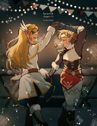  1boy 1girl blonde_hair boots braid capelet coat commentary crown_braid dancing earrings english_commentary feather_hair_ornament feathers feet_out_of_frame fur-trimmed_boots fur_trim gloves gold_trim grey_boots grey_gloves hair_ornament hair_ribbon hairclip hazeleafyy holding_hands jewelry laughing light_blush link long_hair medium_hair open_mouth panties parted_bangs pennant pointy_ears princess_zelda ribbon sidelocks smile snowquill_set_(zelda) the_legend_of_zelda the_legend_of_zelda:_breath_of_the_wild underwear white_capelet white_coat white_panties white_ribbon winter_clothes 