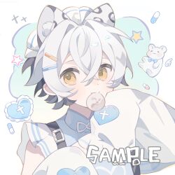  1girl animal_ear_fluff animal_ears blue_background border closed_mouth commission crossed_bangs double-parted_bangs food food_in_mouth hair_between_eyes hair_intakes hair_ornament hairclip hands_up heart highres huolala_neiku_chaofan long_sleeves looking_at_viewer mihuashi_commission mouth_hold original outside_border pillow sample_watermark shirt short_hair sleeves_past_fingers sleeves_past_wrists snow_leopard_ears snow_leopard_girl solo star_(symbol) steamed_bun upper_body watermark white_border white_hair white_shirt yellow_eyes 