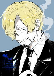  1boy arm_up black_00g black_jacket black_necktie blonde_hair blue_background blue_eyes cigarette collared_shirt commentary curly_eyebrows english_commentary facial_hair goatee highres jacket lapels looking_at_viewer male_focus necktie notched_lapels one_piece open_clothes open_jacket parted_bangs parted_hair sanji_(one_piece) sanpaku shirt simple_background smoke smoke_trail smoking solo suit_jacket upper_body watermark white_shirt wing_collar 