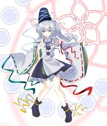  1girl blue_boots blue_hat blue_skirt boots commentary_request danmaku detached_sleeves frilled_skirt frills full_body grey_eyes grey_hair hat highres japanese_clothes kariginu long_hair long_sleeves looking_at_viewer mononobe_no_futo open_mouth plate pom_pom_(clothes) ponytail ribbon-trimmed_sleeves ribbon_trim simple_background skirt solo tate_eboshi touhou tsukumosuki99 white_background wide_sleeves 