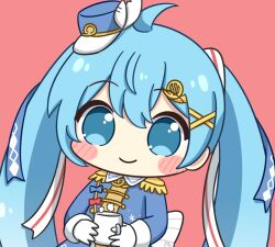  1girl ahoge blue_dress blue_eyes blue_hair blue_hat blush_stickers chibi chibi_only closed_mouth commentary_request cup double-parted_bangs dress epaulettes gloves hair_between_eyes hat hatsune_miku holding holding_cup long_hair long_sleeves looking_at_viewer mini_hat mug nukotun pink_background simple_background smile solo twintails upper_body very_long_hair vocaloid white_gloves yuki_miku yuki_miku_(2020) 
