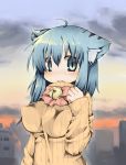  1girl animal_ears bad_id bangs bell blue_eyes blue_hair blush breasts cat_ears cat_eyes fang highres huge_breasts impossible_clothes impossible_sweater jingle_bell large_breasts no_nose original ribbed_sweater shirt short_hair slit_pupils solo sweater tefun turtleneck 