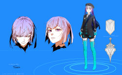  1girl aqua_boots aqua_pupils arsenixc artist_name bag beret black_bag black_hat black_jacket black_shorts blazer blue_background boots character_name check_copyright collared_shirt commentary concept_art copyright_request crest determined duffel_bag english_commentary expressionless full_body hat highres jacket long_hair long_sleeves nostrils original parted_lips pointy_nose purple_hair reference_sheet ripples shirt shorts simple_background sleeve_cuffs thigh_boots twintails violet_eyes white_shirt 