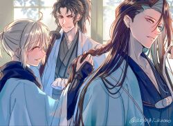  1girl 2boys aqua_haori arm_guards asagi_tsuzumi black_hair black_kimono black_scarf blonde_hair braiding_another's_hair braiding_hair closed_eyes commentary_request curtained_hair fate/grand_order fate_(series) grey_eyes grey_kimono hairdressing haori highres hijikata_toshizou_(fate) hijikata_toshizou_(teal_haori_and_hakama)_(fate) japanese_clothes katana kimono kondou_isami_(fate) long_hair multiple_boys okita_souji_(fate) okita_souji_(koha-ace) okita_souji_(teal_haori_and_hakama)_(fate) ponytail red_eyes scarf sheath sheathed shinsengumi_(fate) short_ponytail shouji sliding_doors smile sword tassel tasuki unworn_headband weapon 