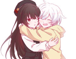  2girls beret black_dress black_hair black_hat closed_eyes commentary_request dress fang gradient_hair hat highres hood hoodie long_hair long_sleeves mahou_shoujo_no_majo_saiban multicolored_hair multiple_girls nikaido_hiro one_eye_closed open_mouth pink_hair red_eyes sakuraba_ema short_hair simple_background touming_jun upper_body white_background white_hair white_sleeves yellow_hoodie 