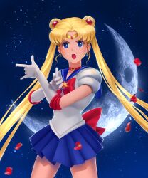  :o \m/ absurdres bishoujo_senshi_sailor_moon black_choker blonde_hair blue_eyes blue_sailor_collar blue_skirt bow choker collared_shirt commentary cowboy_shot crescent_moon earrings english_commentary eyelashes fingerless_gloves flessia gloves hair_intakes hair_ornament headpiece highres jewelry legs_apart long_hair magical_girl moon open_mouth petals puffy_short_sleeves puffy_sleeves red_bow red_petals sailor_collar sailor_moon shirt short_sleeves skirt standing star_(sky) teeth tsuki_ni_kawatte_oshioki_yo tsukino_usagi twintails upper_teeth_only very_long_hair white_gloves white_shirt 