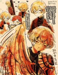  1girl 2boys :d armor black_shirt blonde_hair blood blood_on_face blush brown_hair brown_jacket commentary_request cup dated dawn_office_(identity)_(project_moon) double-parted_bangs e.g.o_(project_moon) faust_(project_moon) feathered_wings glasses gregor_(project_moon) hair_between_eyes heart highres holding holding_cup instrument_case instrument_case_on_back jacket limbus_company long_sleeves looking_at_another loving_aura multiple_boys nose_blush open_mouth oytbo pauldrons project_moon semi-rimless_eyewear shirt short_hair shoulder_armor sideways_glance sinclair_(project_moon) single_pauldron single_wing smile suit_jacket teacup translation_request turtleneck twitter_username waxen_pinion_(e.g.o) wings yellow_eyes 