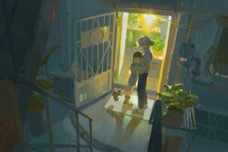  1boy 1girl blue_neckerchief child closed_eyes commentary_request condenser_unit edam1474826 grandmother_and_grandson hair_bun highres hug industrial_pipe korean_commentary neckerchief old old_woman original plant potted_plant railing scenery shadow stairs standing 