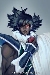  1boy armor black_hair cape commentary_request dragon_ball dragon_ball_z food fruit highres holding holding_food holding_fruit muscular muscular_male saiyan shadiaoxiaobai smile solo tullece upper_body white_cape 