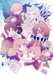 3girls 4boys :d :p aged_down artist_name bird black_cloak black_gloves black_shoes boots breasts bright_pupils brown_hair carl_(pokemon_adventures) cloak closed_mouth collarbone colored_sclera commentary dot_mouth dot_nose dress earrings floating floating_object gloves gradient_background green_(pokemon) grey_sclera grin hair_over_one_eye hands_on_another's_shoulders highres holding holding_poke_ball horns houndoom ice_spikes itrneu_eaka jacket jewelry jigglypuff karen_(pokemon) long_hair long_sleeves looking_at_viewer mask masked masked_man_(pokemon_adventures) multiple_boys multiple_girls nail_polish necktie neo_team_rocket one_eye_closed open_mouth pale_skin pants parted_bangs persian_(pokemon) poke_ball poke_ball_(basic) pokemon pokemon_(creature) pokemon_adventures rainbow_feather_(pokemon) red_sclera sham_(pokemon) shirt shoes short_hair signature silver_(pokemon) silver_feather_(pokemon) sleeveless sleeveless_dress smile sneasel snowing team_rocket team_rocket_uniform tongue tongue_out ultra_ball umbreon wavy_hair white_background white_hair will_(pokemon) xatu 