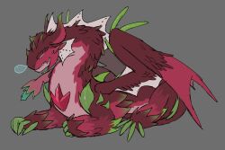  1other closed_eyes closed_mouth cookie_run cookie_run:_ovenbreak dragon dragon_horns dragon_tail dragon_wings english_commentary fangs fangs_out grey_background highres horns nose_bubble oranxii2 pitaya_dragon_cookie sleeping tail wings 