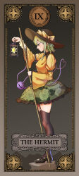  1girl black_hat bow breasts brown_shoes brown_thighhighs card_(medium) chileshi chinese_commentary closed_mouth collared_shirt commentary_request disembodied_linked_eye english_text eyeball floral_print frilled_skirt frilled_sleeves frills from_side garter_straps green_eyes green_hair green_skirt hat hat_bow heart heart_of_string highres holding holding_lantern holding_staff komeiji_koishi lantern long_sleeves medium_breasts medium_hair mixed-language_commentary print_skirt roman_numeral rose_print shirt shoes skirt solo staff tarot tarot_(medium) the_hermit_(tarot) thigh-highs touhou wide_sleeves yellow_bow yellow_shirt 